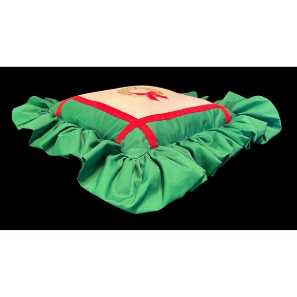 Vtg Handmade Holiday Decorative Pillow With Ruffled Trim & Embroidered Wreath De - Picture 3 of 4